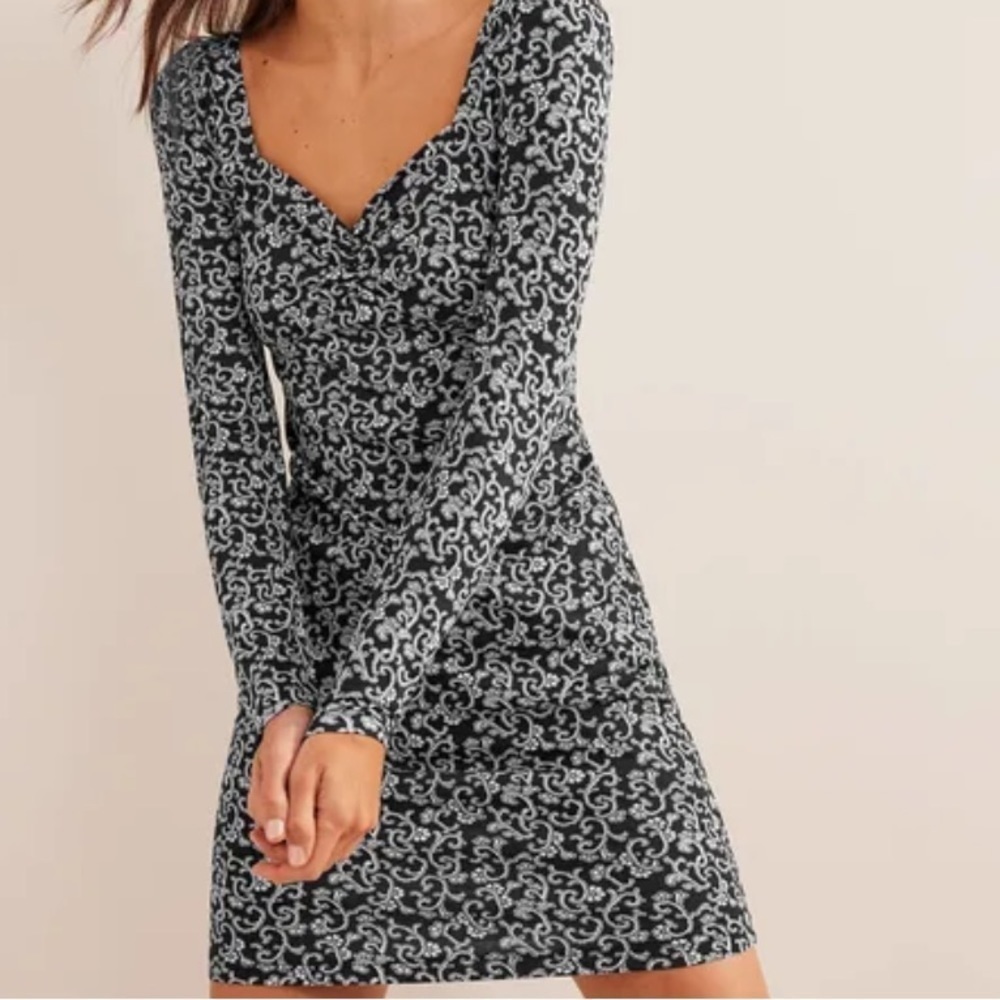 Boden black floral print sweetheart neckline jersey dress NWT